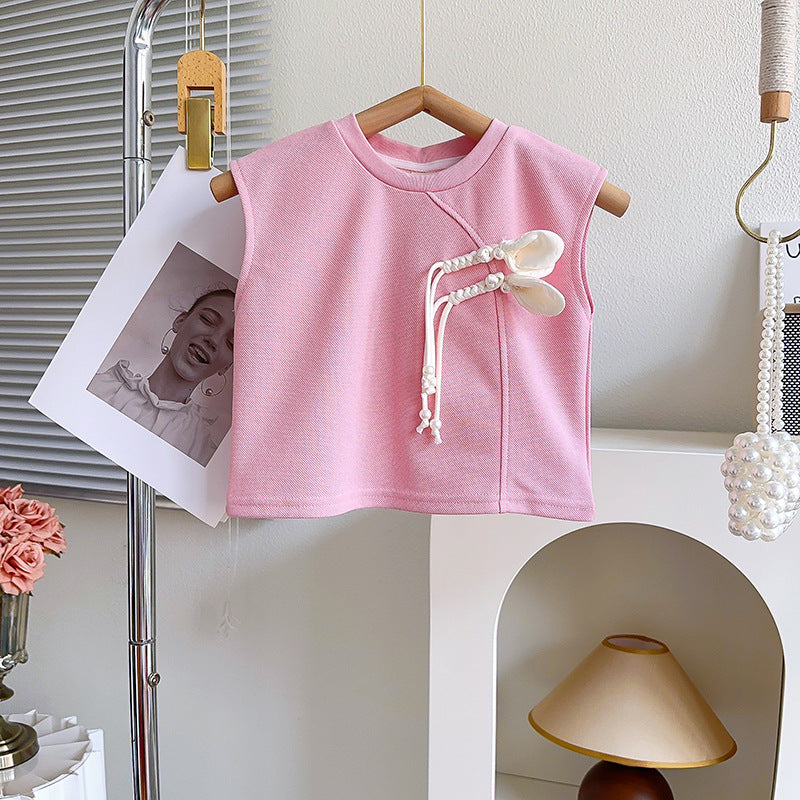 Girls Sleeveless Pure Cotton T-shirt With Skirt