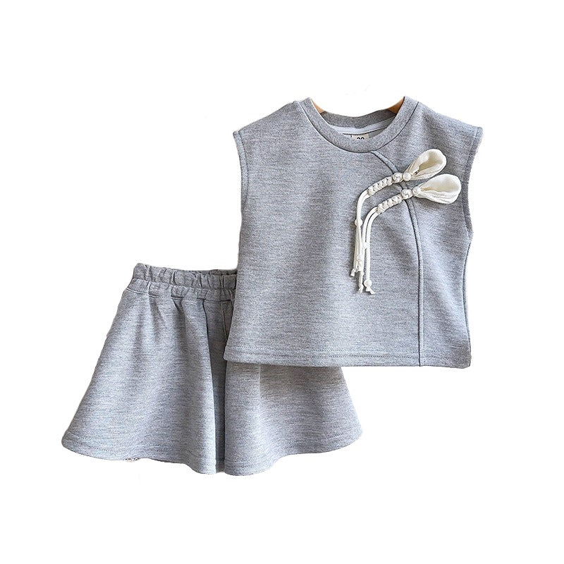 Girls Sleeveless Pure Cotton T-shirt With Skirt