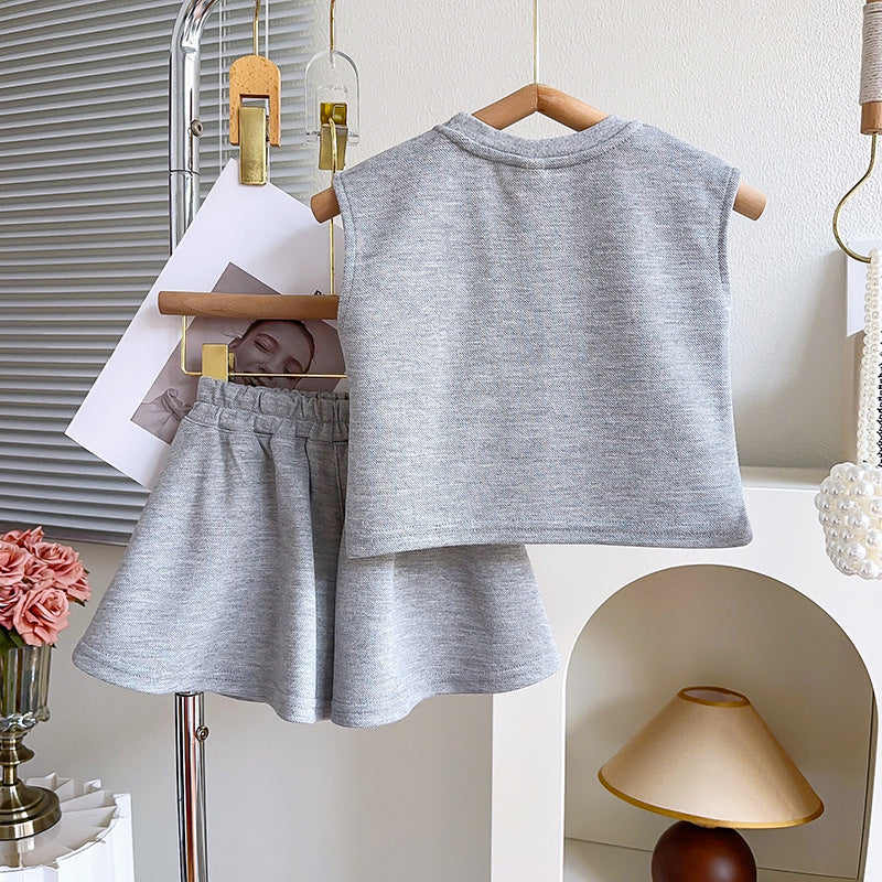 Girls Sleeveless Pure Cotton T-shirt With Skirt