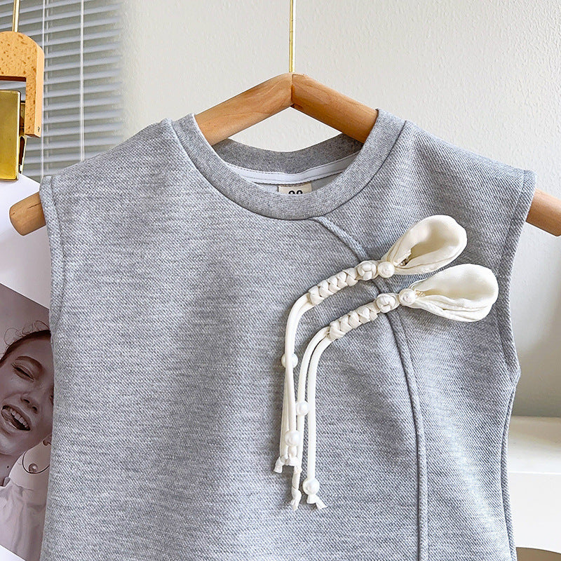 Girls Sleeveless Pure Cotton T-shirt With Skirt