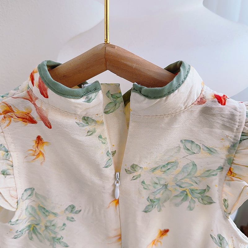 Girls Floral Printed Flutter Sleeves A-Line Dress