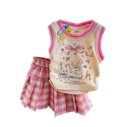 Girls Printed Sleeveless Organic Cotton Top With Skirt
