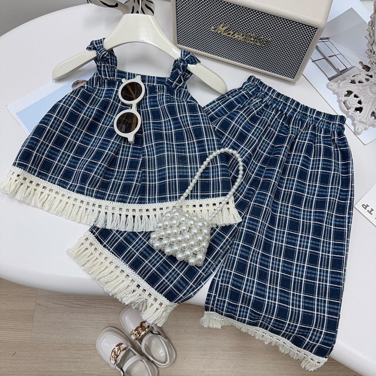 Girls Checked Pure Cotton Shoulder Straps Top with Palazzos