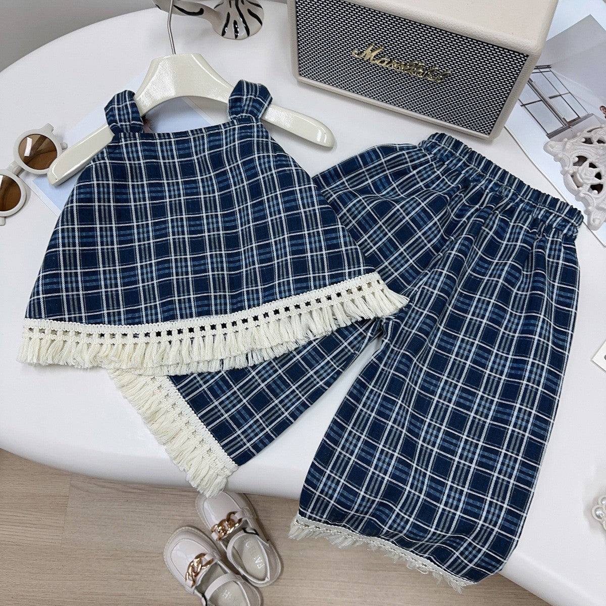 Girls Checked Pure Cotton Shoulder Straps Top with Palazzos