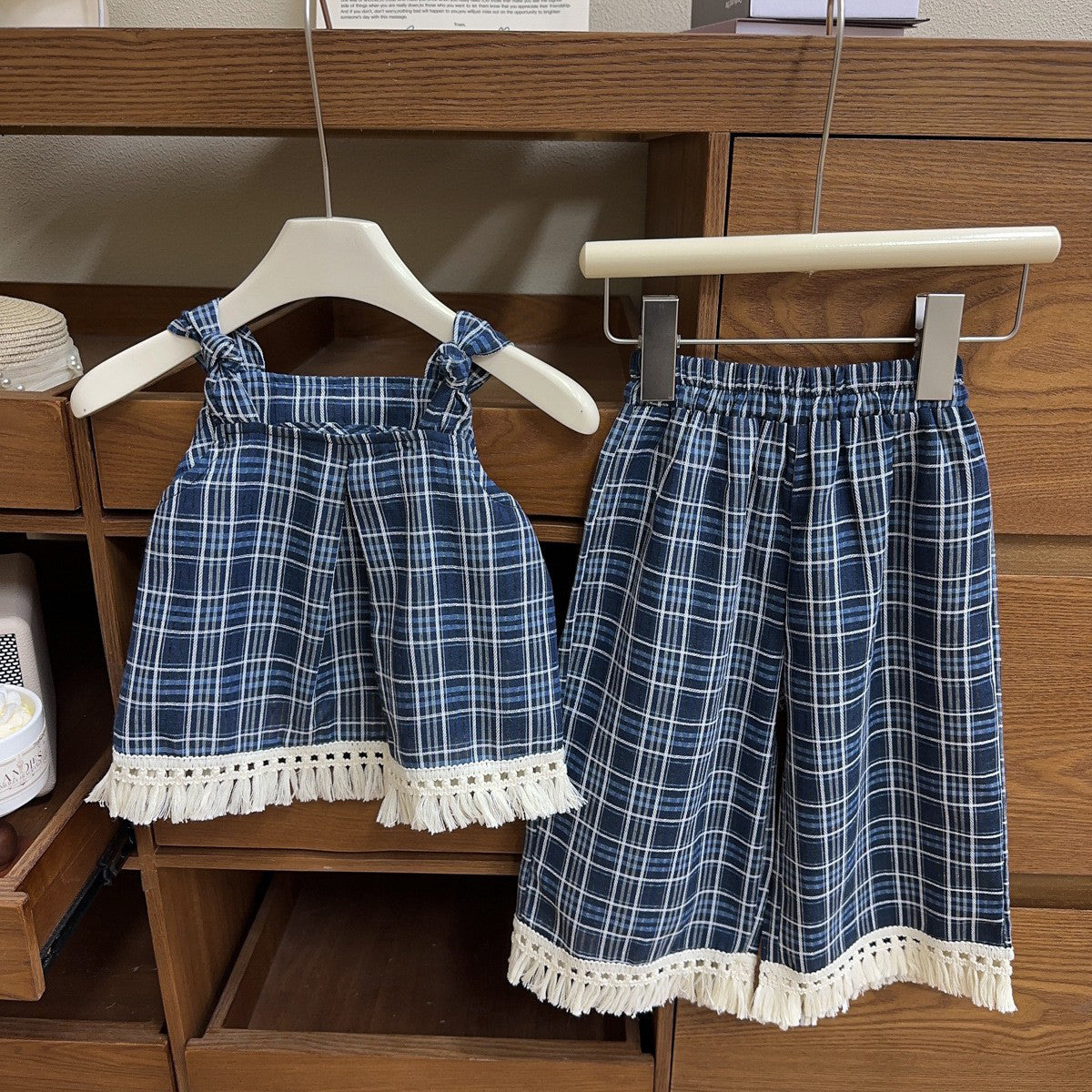 Girls Checked Pure Cotton Shoulder Straps Top with Palazzos