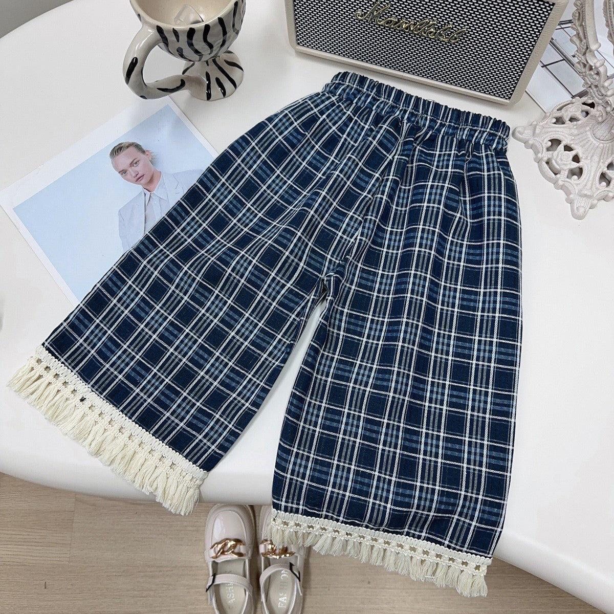 Girls Checked Pure Cotton Shoulder Straps Top with Palazzos