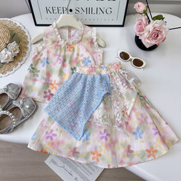 Girls Printed Round Neck Top With Skirt