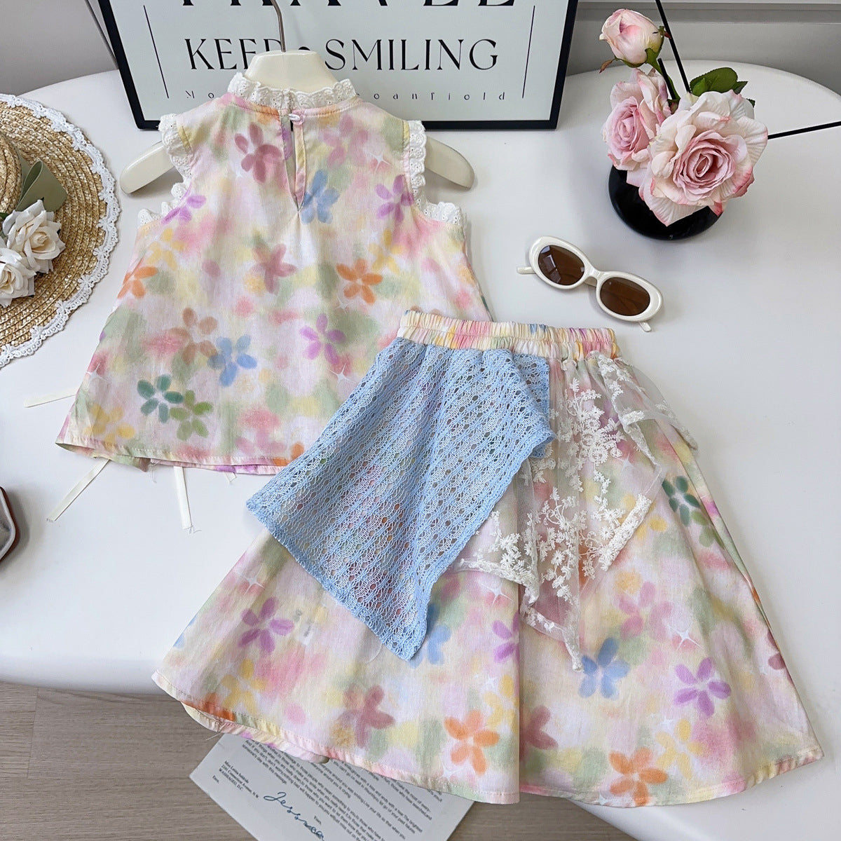 Girls Printed Round Neck Top With Skirt