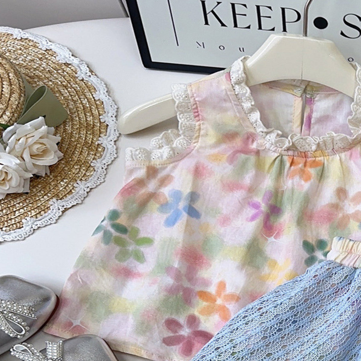 Girls Printed Round Neck Top With Skirt