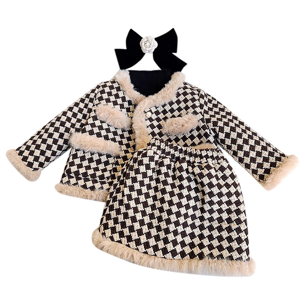 Girls Self Design V-Neck Long Sleeves Top With Skirt