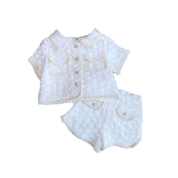 Girls White & Beige Shirt Collar Top with Shorts