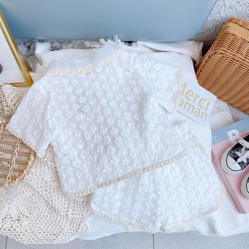 Girls White & Beige Shirt Collar Top with Shorts