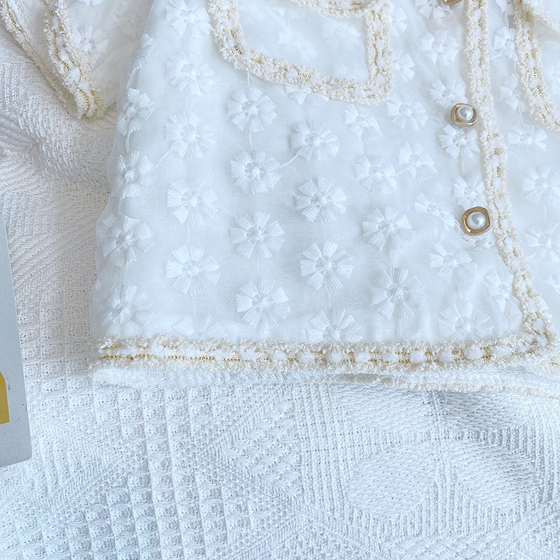 Girls White & Beige Shirt Collar Top with Shorts