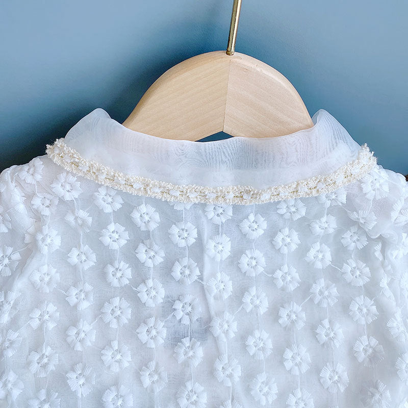 Girls White & Beige Shirt Collar Top with Shorts