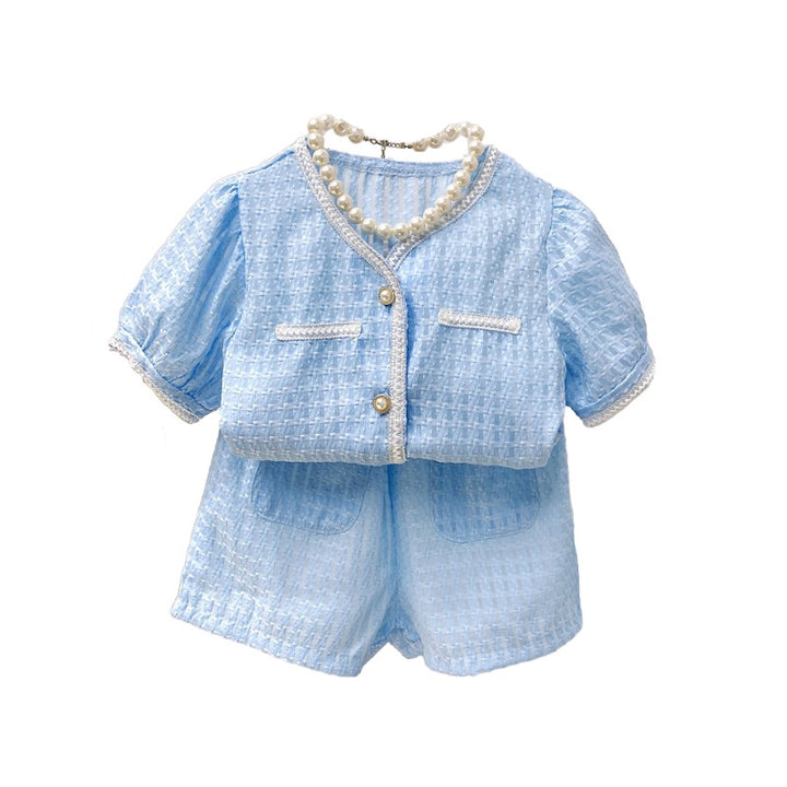 Girls Blue Self Design V-Neck Puffed Sleeves Top With Shorts