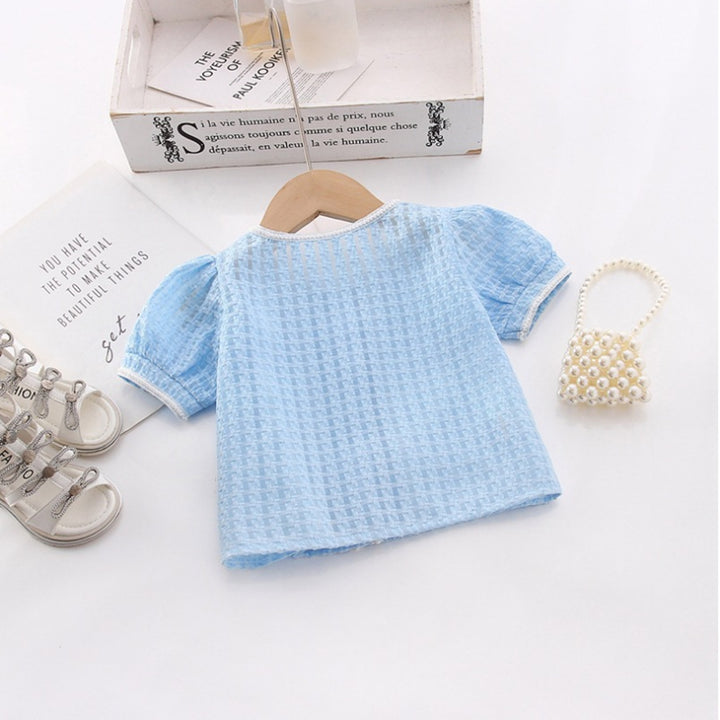 Girls Blue Self Design V-Neck Puffed Sleeves Top With Shorts