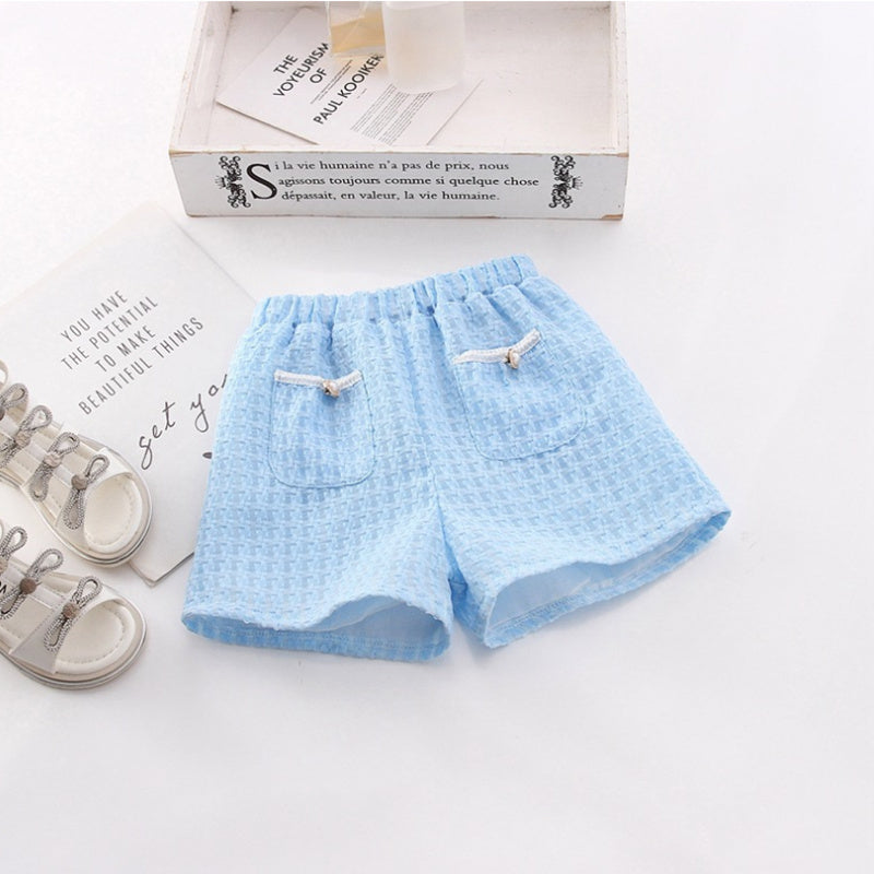 Girls Blue Self Design V-Neck Puffed Sleeves Top With Shorts