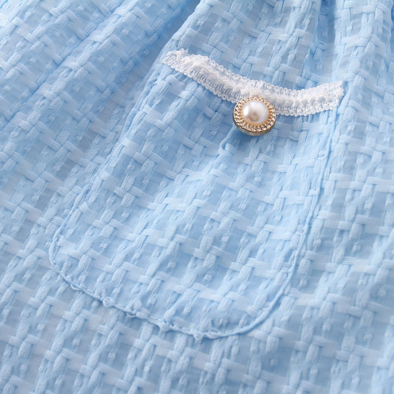 Girls Blue Self Design V-Neck Puffed Sleeves Top With Shorts