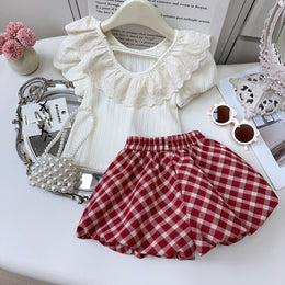 Girls V-Neck Frill Top With Skirt
