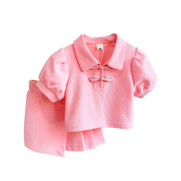 Girls Pink Shirt Collar Top with Skirt