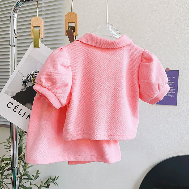 Girls Pink Shirt Collar Top with Skirt