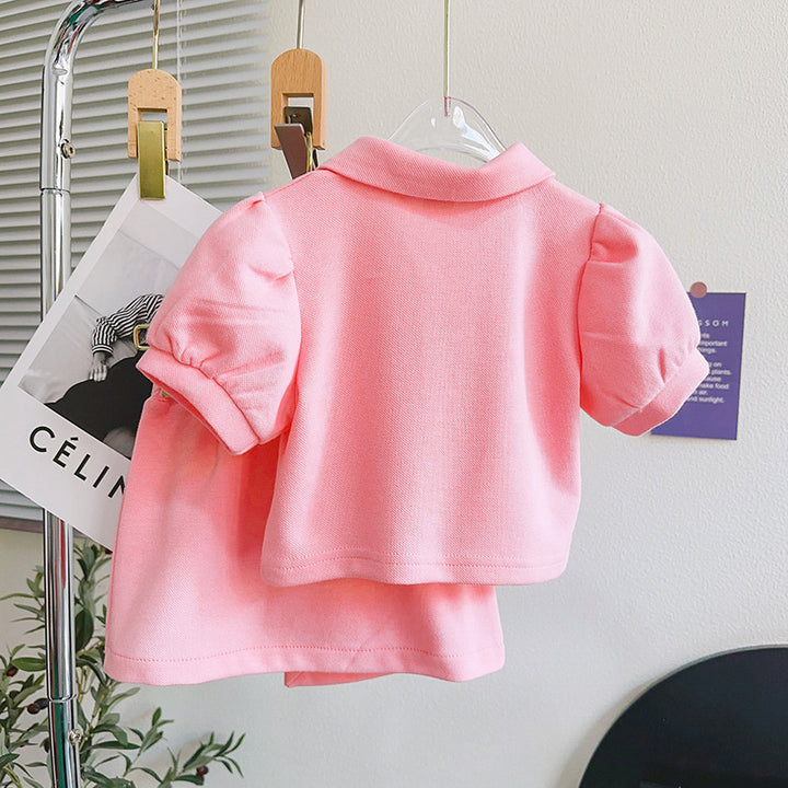 Girls Pink Shirt Collar Top with Skirt