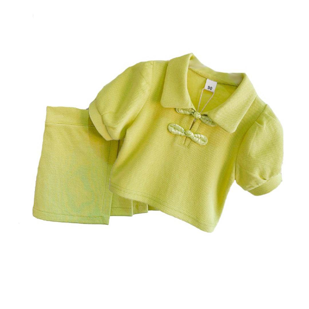 Girls Shirt Collar Short Sleeves Top With Skirt