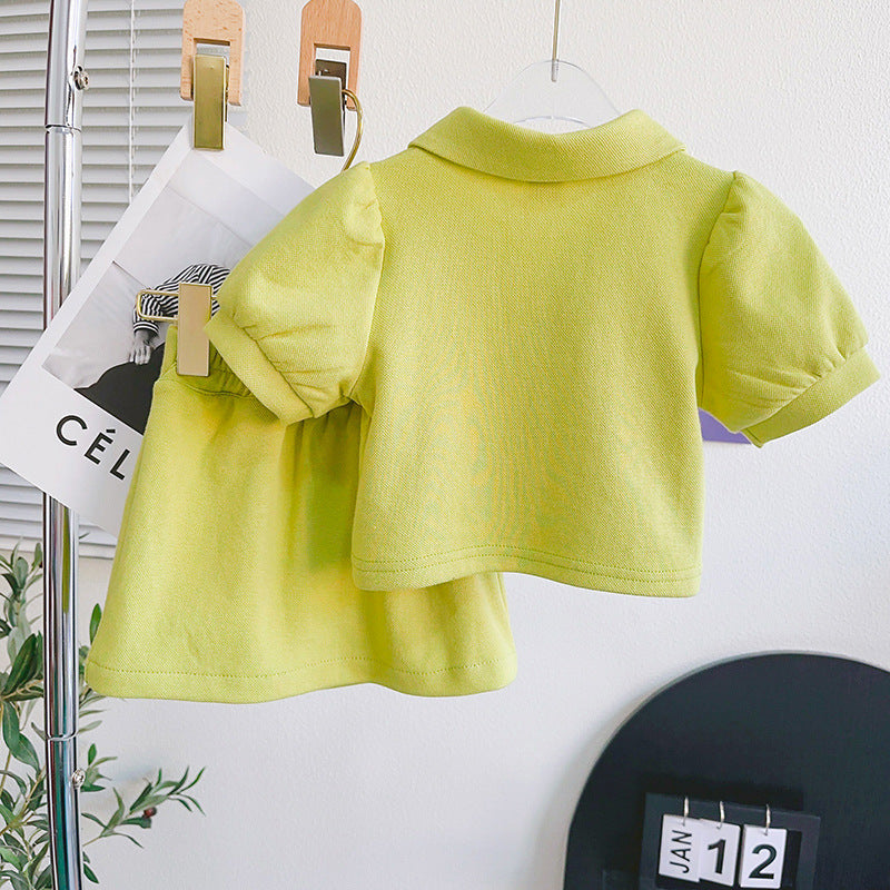 Girls Shirt Collar Short Sleeves Top With Skirt