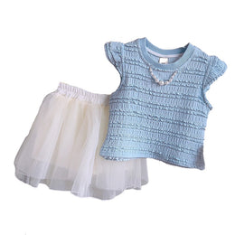 Girls Blue Smocked Round Neck Cap Sleeves Top With Skirt