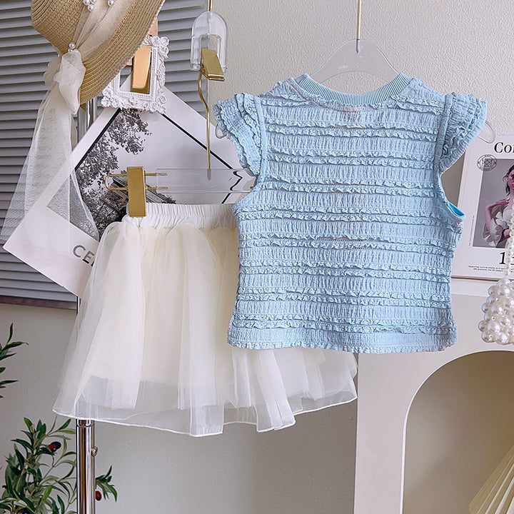 Girls Blue Smocked Round Neck Cap Sleeves Top With Skirt