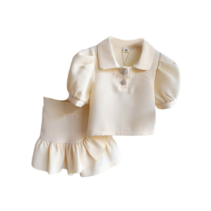 Girls Beige Self Design Polo Collar Puff Sleeves Top With Tulip Shorts
