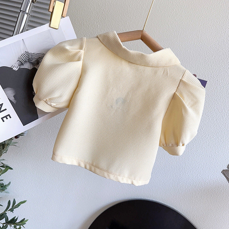 Girls Beige Self Design Polo Collar Puff Sleeves Top With Tulip Shorts