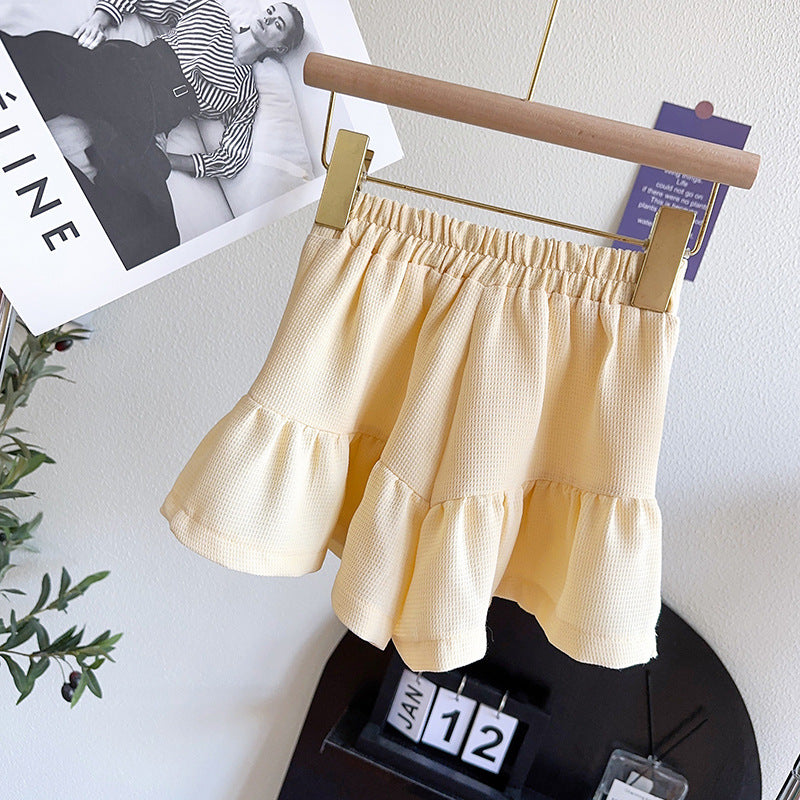 Girls Beige Self Design Polo Collar Puff Sleeves Top With Tulip Shorts