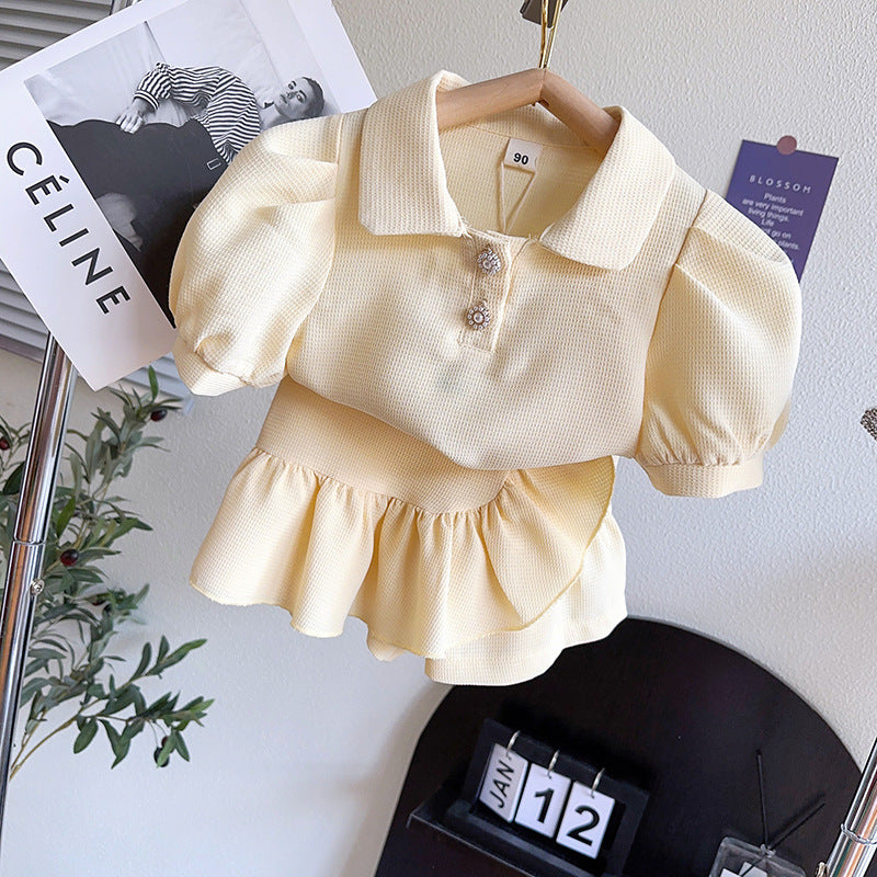 Girls Beige Self Design Polo Collar Puff Sleeves Top With Tulip Shorts