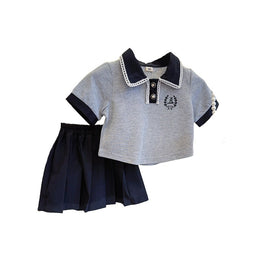 Girls Black & Grey Polo Collar T-shirt & Shorts