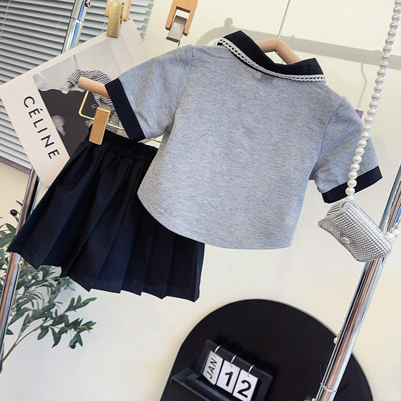 Girls Black & Grey Polo Collar T-shirt & Shorts