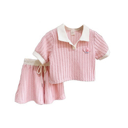Girls Pink & White Self Design Polo Collar T-shirt with Shorts