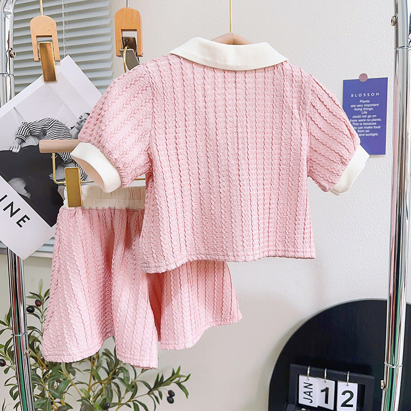 Girls Pink & White Self Design Polo Collar T-shirt with Shorts