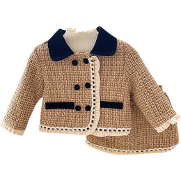 Girls Self Design Peter Pan Collar Long Sleeves Top With Skirt