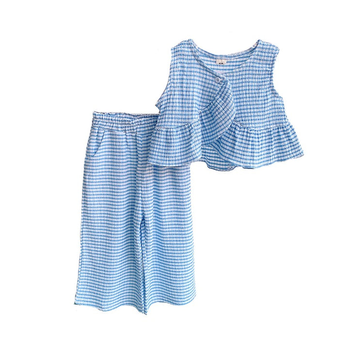 Girls Blue And White Checked Top With Trousers