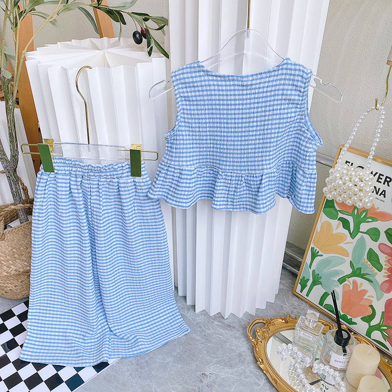 Girls Blue And White Checked Top With Trousers