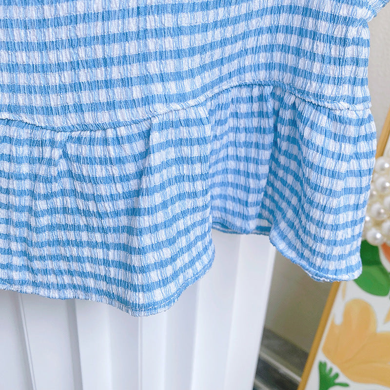 Girls Blue And White Checked Top With Trousers