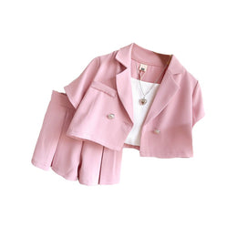Girls Pink Notched Lapeled Collar Blazer With Top & Skirt