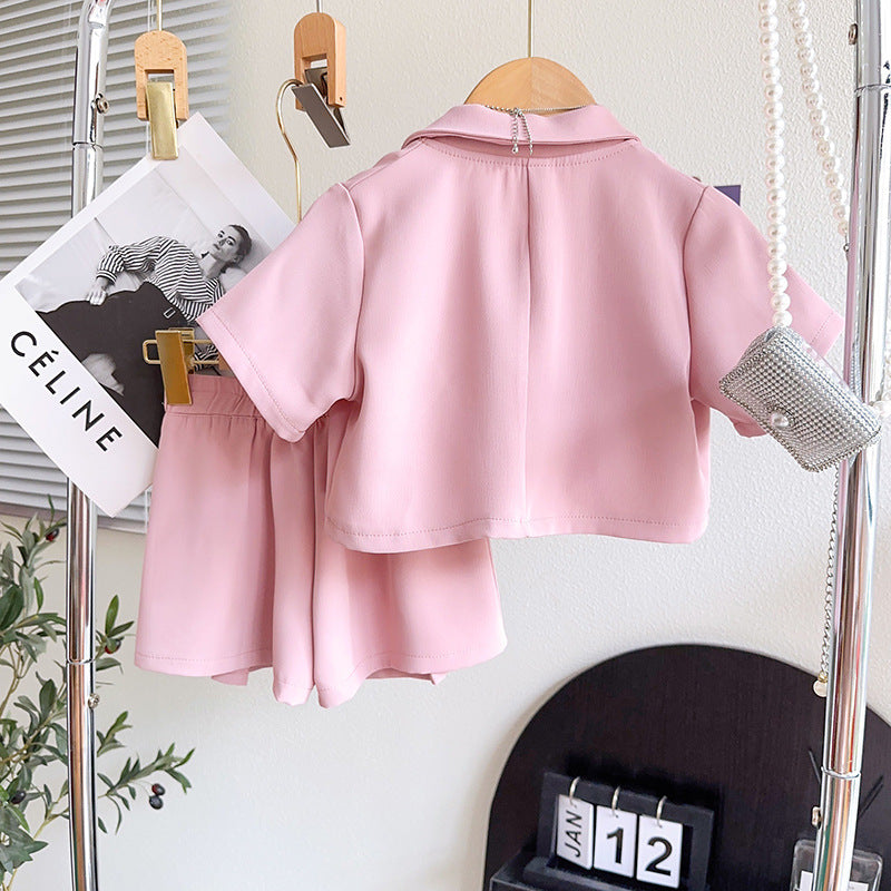 Girls Pink Notched Lapeled Collar Blazer With Top & Skirt