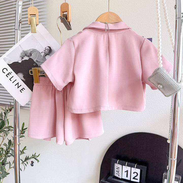 Girls Pink Notched Lapeled Collar Blazer With Top & Skirt