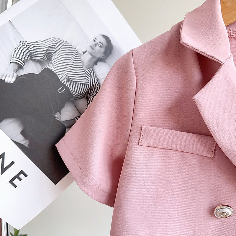 Girls Pink Notched Lapeled Collar Blazer With Top & Skirt