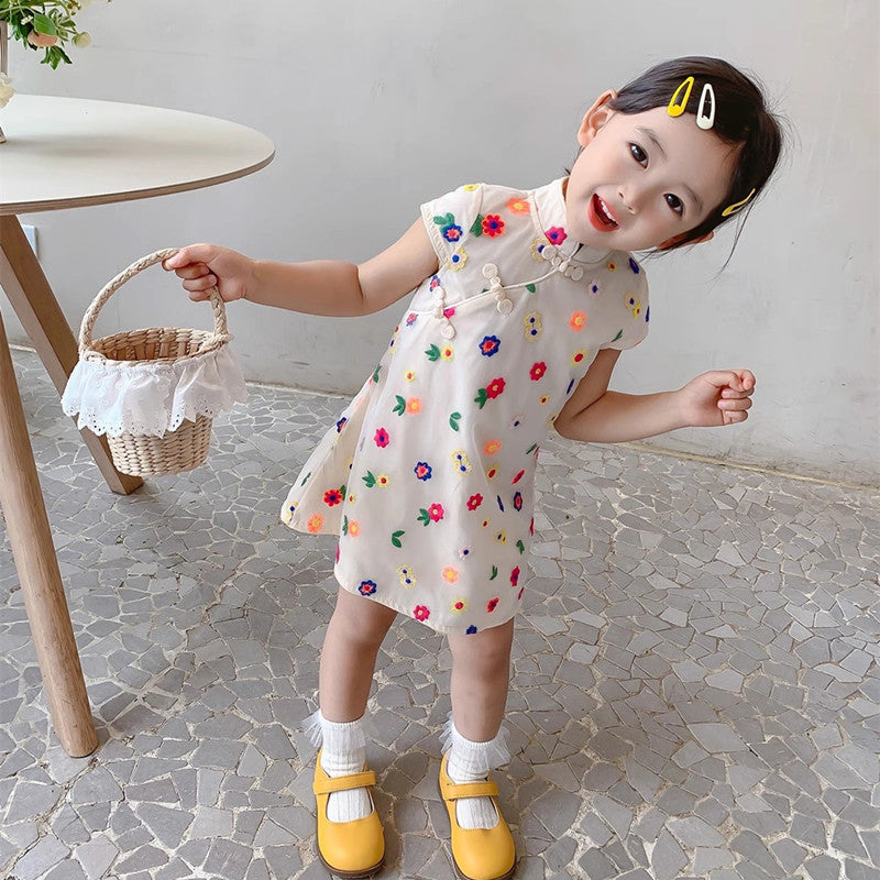 Girls Floral Embroidered A-Line Midi Dress