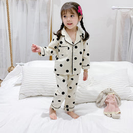 Girls Polka Dots Printed Lapel Collar Shirt With Pyjama