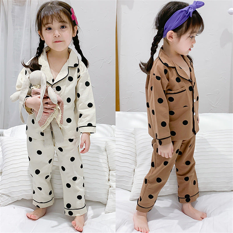 Girls Polka Dots Printed Lapel Collar Shirt With Pyjama