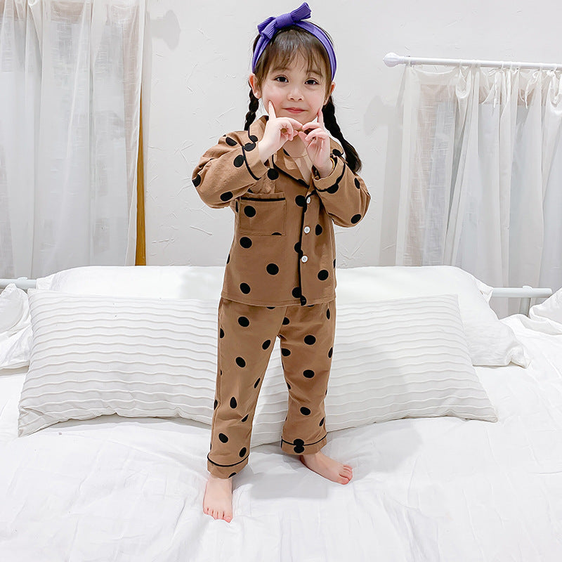 Girls Polka Dots Printed Lapel Collar Shirt With Pyjama